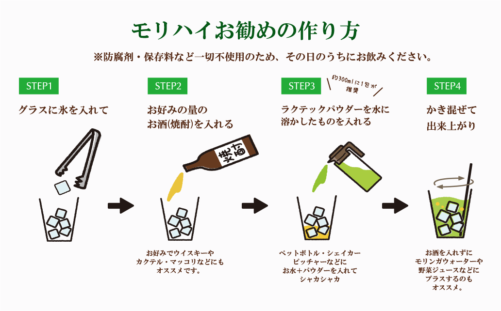 モリハイお勧めの作り方※防腐剤・保存料など一切不使用のため、その日のうちにお飲みください